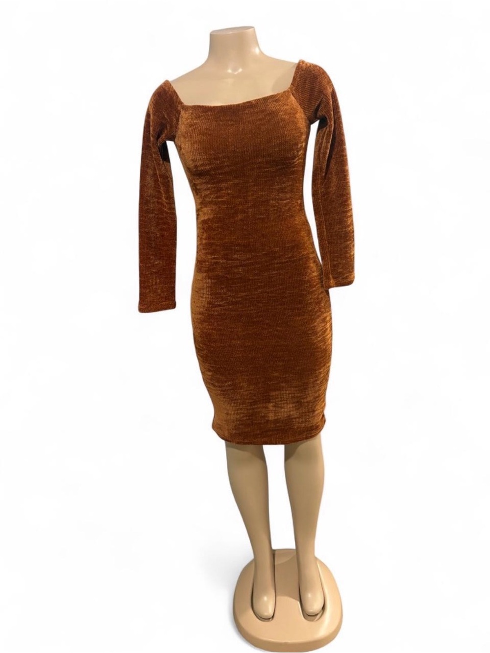 a'gaci Plush Velvet Square-Neck Bodycon Dress in Rust Brown